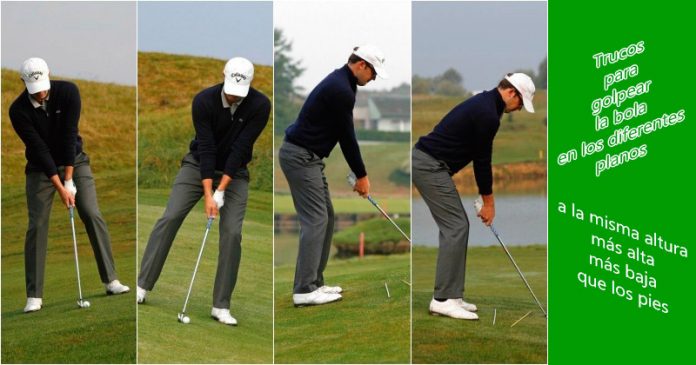 Golpear la bola de golf en los diferentes planos Golpear la bola de golf en los diferentes planos. Cuando está a la misma altura, más alta y más baja de los pies.