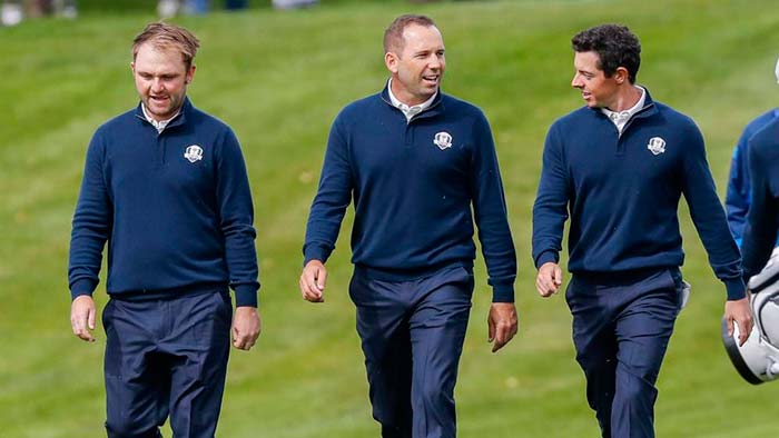 Andy Sullivan, Sergio García y Rory Mcllroy --- equipo europeo en la Copa Ryder