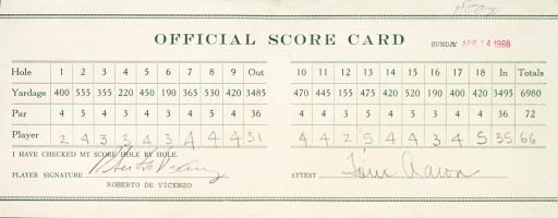 Tarjeta oficial de puntos de Roberto de Vicenzo en el Masters de 1968